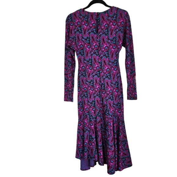 Vintage '70s Long Sleeve Purple Paisley Crew Neck Drop Waist Knit Midi Dress 4 - Picture 3 of 9